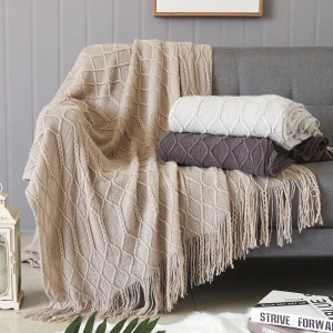 Coperte da tiro in maglia nordica con nappe Coperte vintage grigio crema kaki Divano letto di lusso Divano Copriletto oversize 1