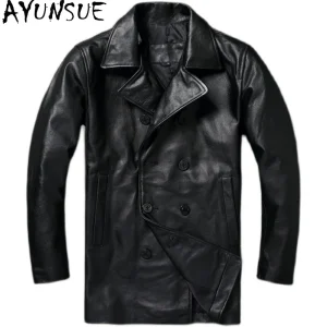 AYUNSUE giacca in pelle da uomo in pelle di vacchetta cappotti di media lunghezza autunno uomo abbigliamento Business Casual Style giacca a vento nera muslimah 1