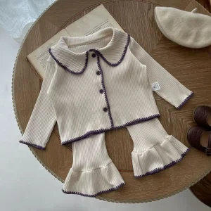 7467-1 Set di abbigliamento per bambini Autunno infantile Shell lavorato a maglia Abito diviso Cardigan a contrasto + Pantaloni a zampa d'elefante Abito a due pezzi da ragazza casual 1