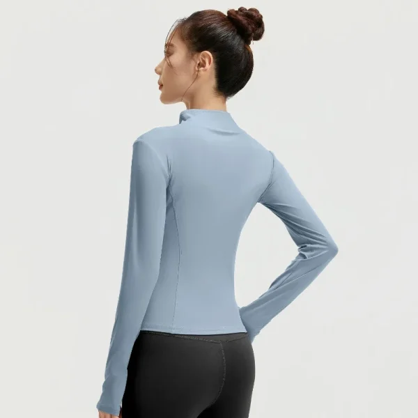 Giacca sportiva da esterno Corsa Fitness Maniche lunghe Donna Slim Abbigliamento da yoga Cardigan con cerniera ad asciugatura rapida Cappotto skinny con colletto rialzato 3