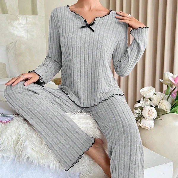 Pigiama a costine da donna autunno inverno pigiama a costine set top a maniche lunghe e pantaloni lunghi set da 2 pezzi abbigliamento da casa casual pigiama 5