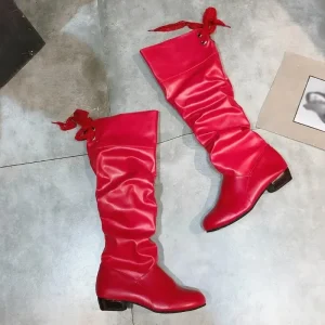 2025 New Fashion Donna Autunno Inverno Stivali Donna Stretch PU Scarpe in pelle Donna Rosso Bianco Roma Stile Al ginocchio Plus Size 43 1
