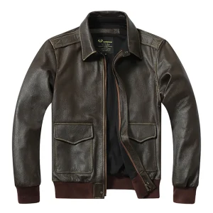 Giacca in pelle da uomo vintage oliva Giacca bomber A2 Strato superiore in pelle di vitello Giacca stile militare Giacca in pelle autunnale con risvolto allentato 1