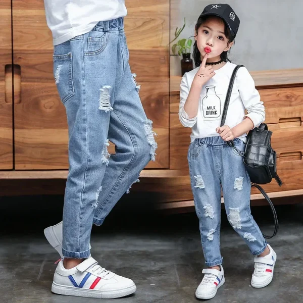 Moda Bambini Pantaloni in denim Jeans strappati per adolescenti Pantaloni con foro per bambini Abbigliamento casual per bambini per la primavera Autunno Hot Boys Girls Jeans 5