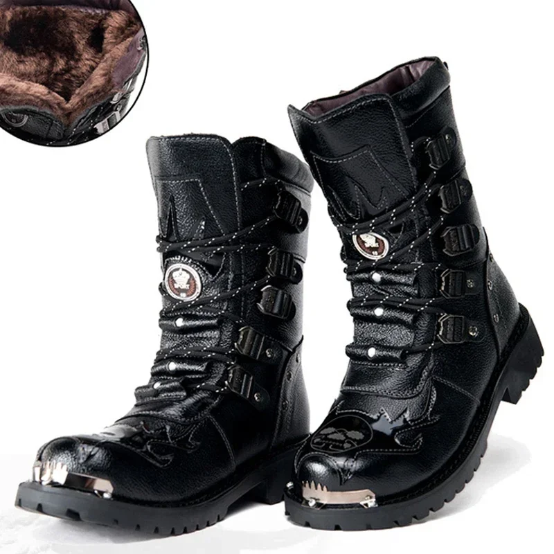 Stivali da moto da uomo invernali nuova moda a metà polpaccio Punk Rock Punk scarpe da uomo in vera pelle nera alta stivali Casual da uomo 38-46 4