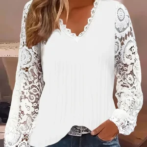 Plus Size 1XL-5XL Camicia da donna in pizzo guipure a maniche lunghe a contrasto moda donna Camicetta ampia con maniche a lanterna casual 1