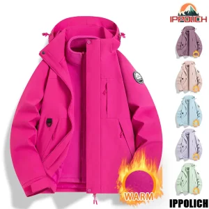 Giacca da trekking invernale da donna Cappotto da esterno impermeabile tre in uno con cappuccio Tasca con cerniera Giacca antivento Cappotto da campeggio foderato in pile 1
