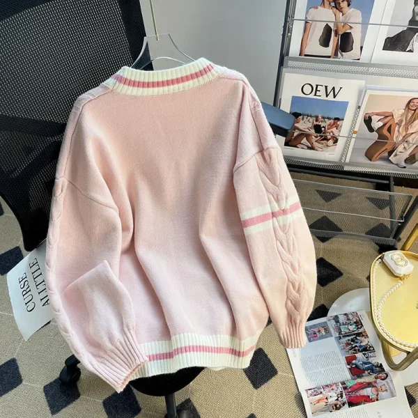Giacca maglione con fiocco autunno/inverno da donna ampia 2024 Nuovo stile Sensibilità Cardigan lavorato a maglia giapponese che riduce l'età con scollo a V 2
