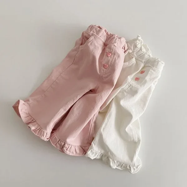2025 Pantaloni primaverili per ragazze Pantaloni casual a gamba larga con volant per bambini Pantaloni autunnali alla moda per bambini Pantaloni larghi a vita alta a vita alta 2