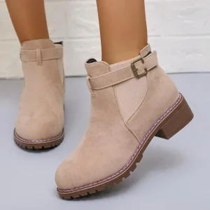 Stivali moderni slip-on alla caviglia Tacco basso Punta tonda 2024 Vendita calda Scarpe da donna Primavera/autunno Fibbia Stivali da donna romani in pelle scamosciata di mucca 1