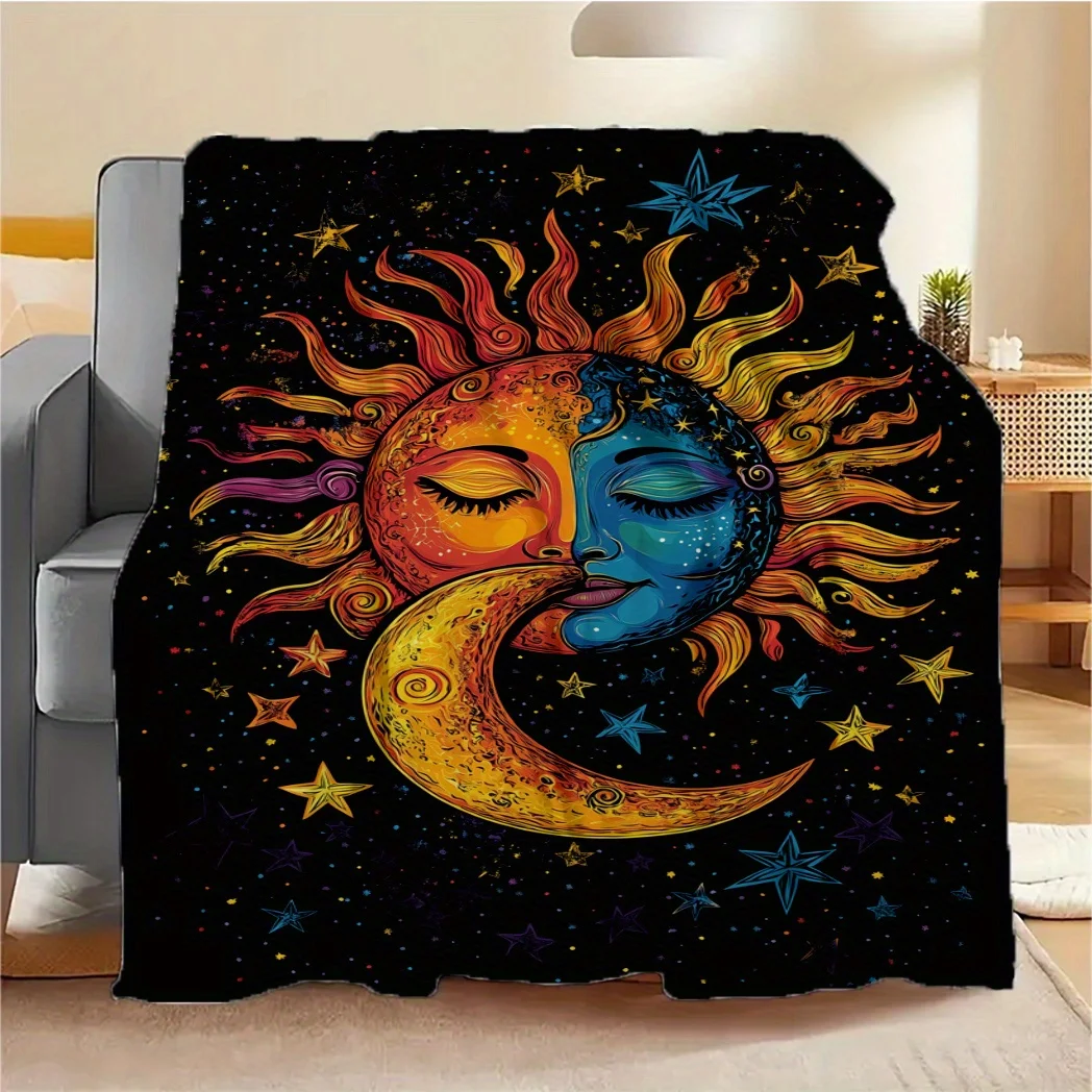 Texture morbida, accogliente coperta in flanella con design sole e luna – Morbido e caldo per divano, letto, ufficio, auto – Ideale per 4