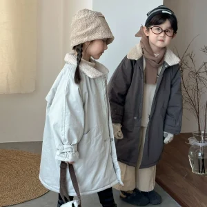 Piumino per bambina per bambini 2025 Colletto rovesciato invernale in lana di agnello per neonato Capispalla per bambina Ins Trench per bambina per bambini 1