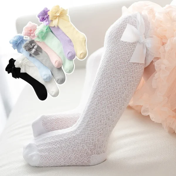 1 paio per neonate calzini estivi per bambini calzini lunghi alti al ginocchio bambini papillon fuori calzini in rete di cotone calzini solidi morbidi e sottili per neonati 5