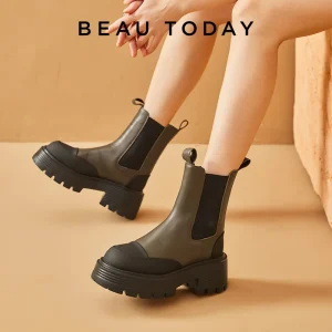 BeauToday Chelsea Boots donna vera pelle di mucca fascia elastica punta tonda suola spessa scarpe con plateau da donna fatte a mano A03A24 1
