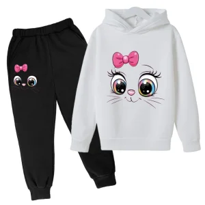 Felpa con cappuccio gatto carino 2-12 anni ragazzi e ragazze autunno/inverno Top + pantaloni felpa con cappuccio due pezzi Set per sport Casual Jogging felpa con cappuccio 1