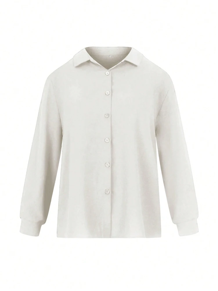 Taglie forti 2025 Primavera ed estate Nuove donne Colletto POLO Pieghettato Casual Camicia con bottone a fila singola Camicetta Tinta unita 3