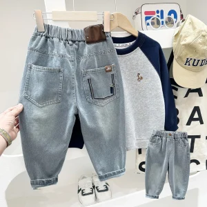 Bambini 4-6 anni Ragazzi Jeans Autunno Tasca in tinta unita Bambino Bambini Ragazzi Pantaloni Harem Versatile elastico in vita Pantaloni per ragazzi adolescenti 1