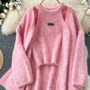 SINGREINY Maglione di cashmere solido moda maniche lunghe cardigan caldo allentato + canotta in maglia senza maniche top casual delicato invernale 1