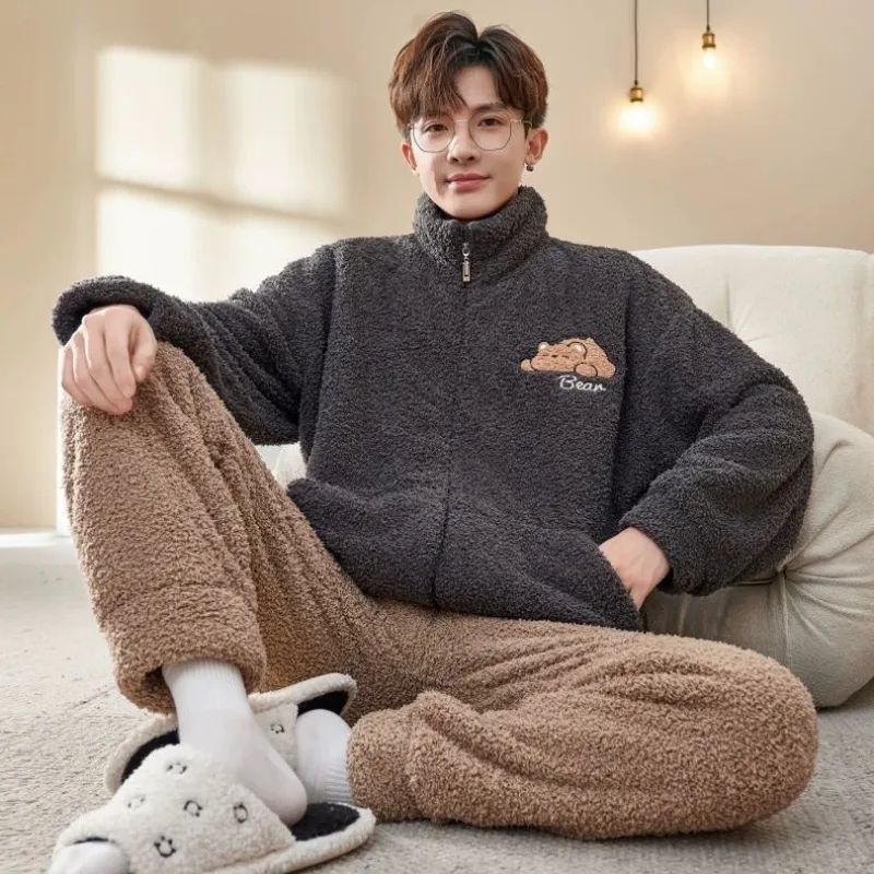 Pigiama per adolescenti Cartoon Autunno e inverno Pile di corallo addensato Set di abbigliamento da casa in flanella ingrassata Cerniera Biancheria intima di bellezza 4