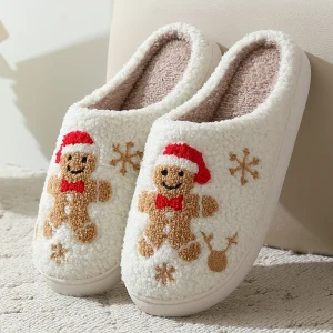 Pantofole da donna natalizie Simpatico pan di zenzero Scivoli caldi invernali Coppia di scarpe da casa Scarpe da casa con suola morbida piatta per camera da letto da uomo per regalo 1