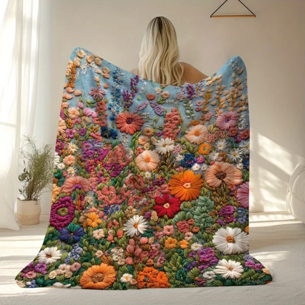Coperta floreale bohémien 3D - Design con campo floreale ricamato, morbida flanella per camera da letto/divano/picnic, arredamento vibrante 2
