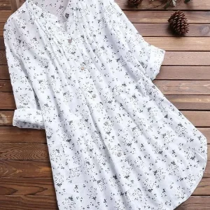 Camicia taglie forti da donna Top abbottonato con risvolto decorato a fiori lunghi bianchi per abbigliamento da viaggio 1