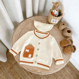 Nuovi vestiti autunnali per neonati di età compresa tra 0 e 3 anni, cardigan alla moda per ragazze e ragazzi, cardigan a contrasto ricamati marroni 1