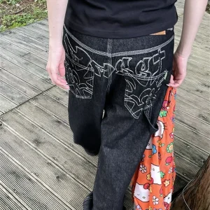 Y2k Jeans a gamba larga neri ricamati Donna Pantaloni in denim allentati casual retrò americani Streetwear 2025 Nuovi pantaloni larghi a vita alta 1