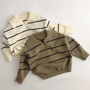 Maglione coreano a righe per bambini Primavera Autunno Pullover con scollo a V Ragazzi Maglione dolcevita in cotone Inverno Neonate Top Vestiti 1