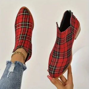 Stivaletti da donna con stampa scozzese natalizia con cerniera Stivaletti Chelsea scozzesi rossi retrò Scarpe con plateau da esterno Stivaletti laterali classici 1