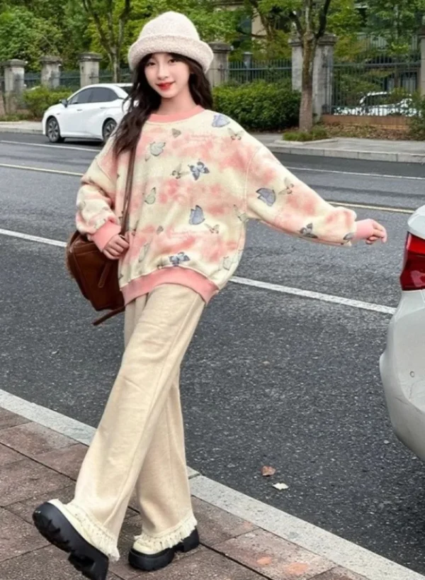 Felpa con cappuccio a farfalla con pantaloni a gamba larga Top e set da 2 pezzi Felpa con fodera in pile Completo per ragazza 6 7 anni Ragazze Autunno Inverno 5