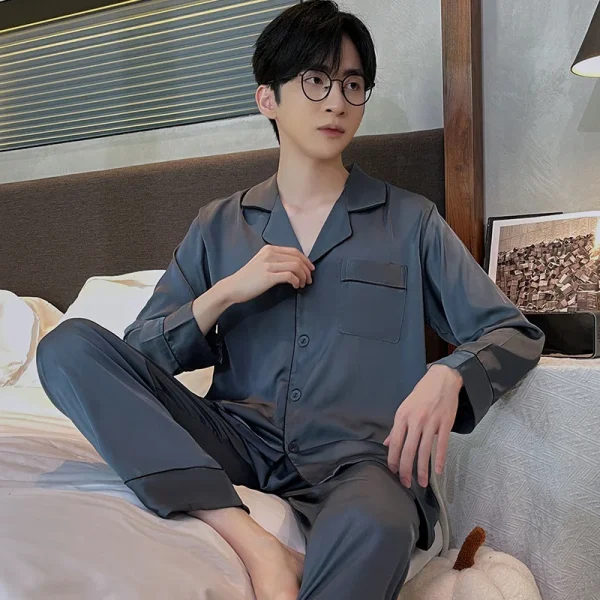 Pigiama da uomo autunno e inverno pantaloni lunghi a maniche lunghe indumenti da notte in seta Loungewear Cardigan giovanile Solid Nightwear Homewear 4