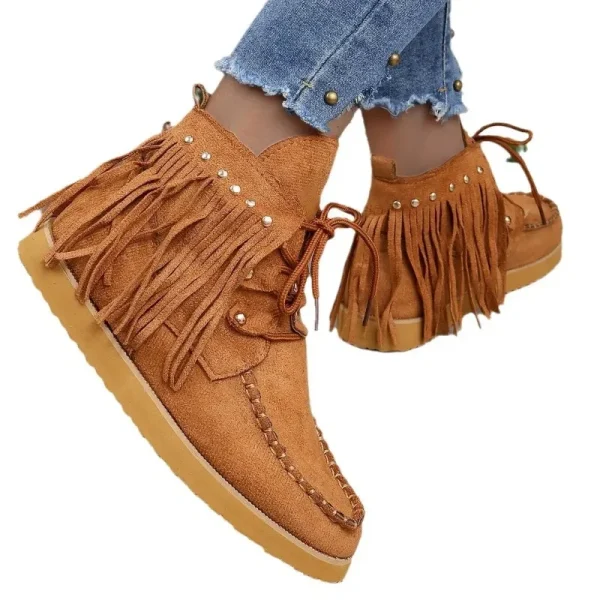 Stivaletti stringati vintage con nappe per donna Autunno Inverno Stivali da cowgirl con punta a punta Stivali Chelsea da cowboy occidentali in pelle scamosciata da donna 5