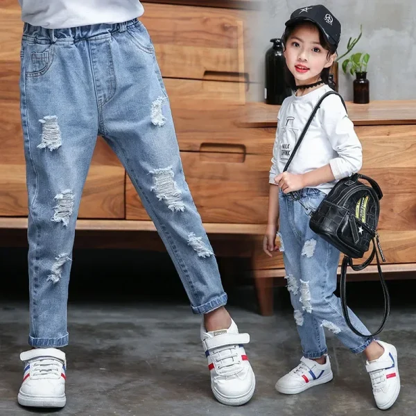 Moda Bambini Pantaloni in denim Jeans strappati per adolescenti Pantaloni con foro per bambini Abbigliamento casual per bambini per la primavera Autunno Hot Boys Girls Jeans 1