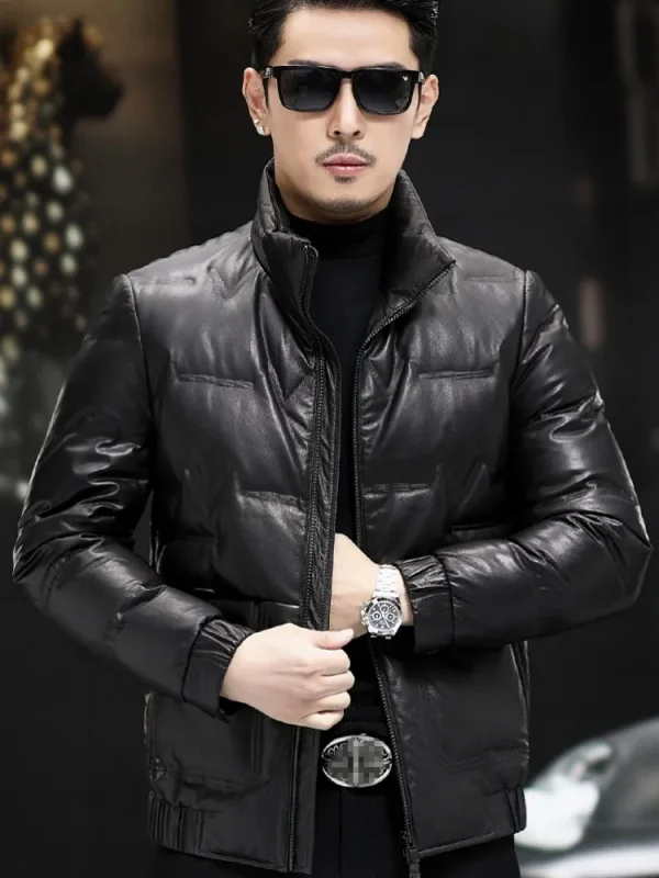 Giacca in vera pelle da uomo invernale colletto alla coreana piumino d'anatra bianco lavoro d'affari soprabito caldo spesso giacca in pelle di vacchetta slim fit 6