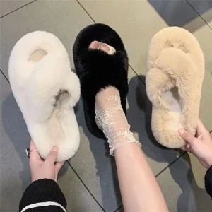 Scivoli morbidi Pantofole per la casa Pantofole antiscivolo piatte spesse in peluche Calzature Scarpe da pavimento Infradito in pelliccia per interni 1