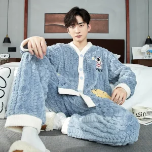 Pigiama da uomo in flanella con scollo a V Autunno/inverno AddensatoWarmcasualcartoon Homewear Taglie forti Abbigliamento esterno 1