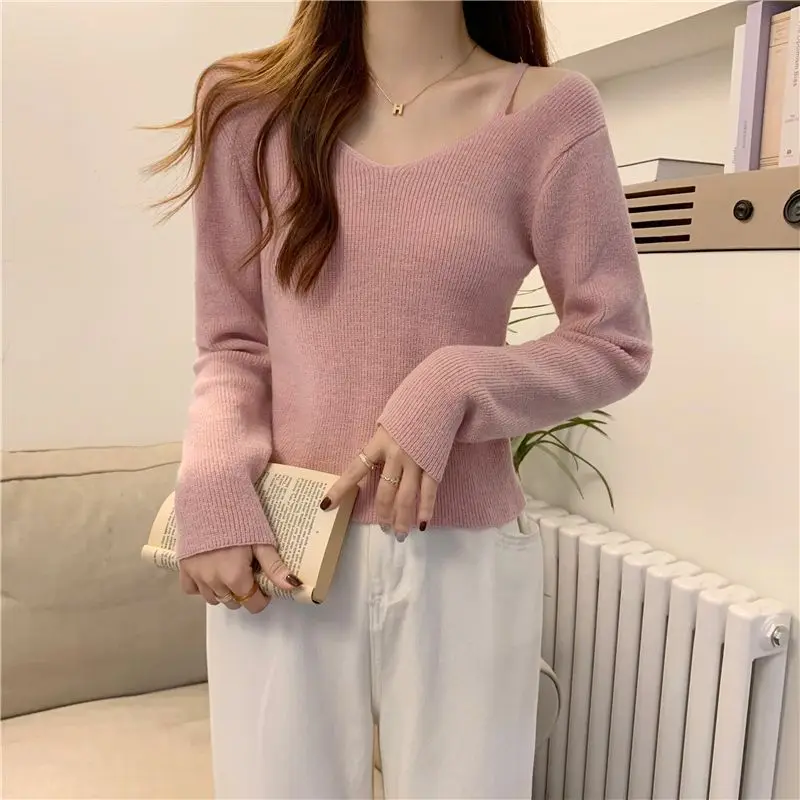 T-shirt a maniche lunghe con spalle scoperte in due pezzi da donna 2025 Top maglione interno nuovo design primavera autunno 3