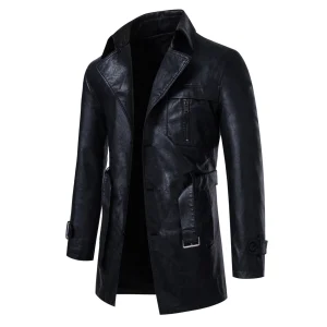 Giacca da uomo in pelle PU di media lunghezza con trench con risvolto staccabile per viaggi d'affari casual/urbanali 1