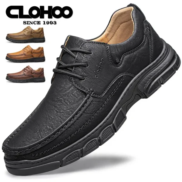 CLOHOO Scarpe da uomo in pelle casual traspiranti con fondo in gomma spessa fatte a mano Mocassini cuciti classici Calzature comode per il tempo libero 2