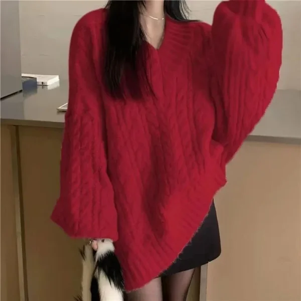 Maglione da donna autunno inverno Harajuku pullover lavorato a maglia oversize coreano manica lunga scollo a V maglieria maglione allentato solido preppy 4