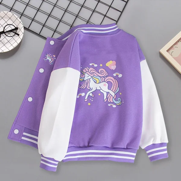 Cappotto da baseball per ragazze da 3-12 anni Primavera Autunno Simpatico cartone animato Unicorno Capispalla Moda Ragazza adolescente Giacca sportiva Abbigliamento per bambini 1