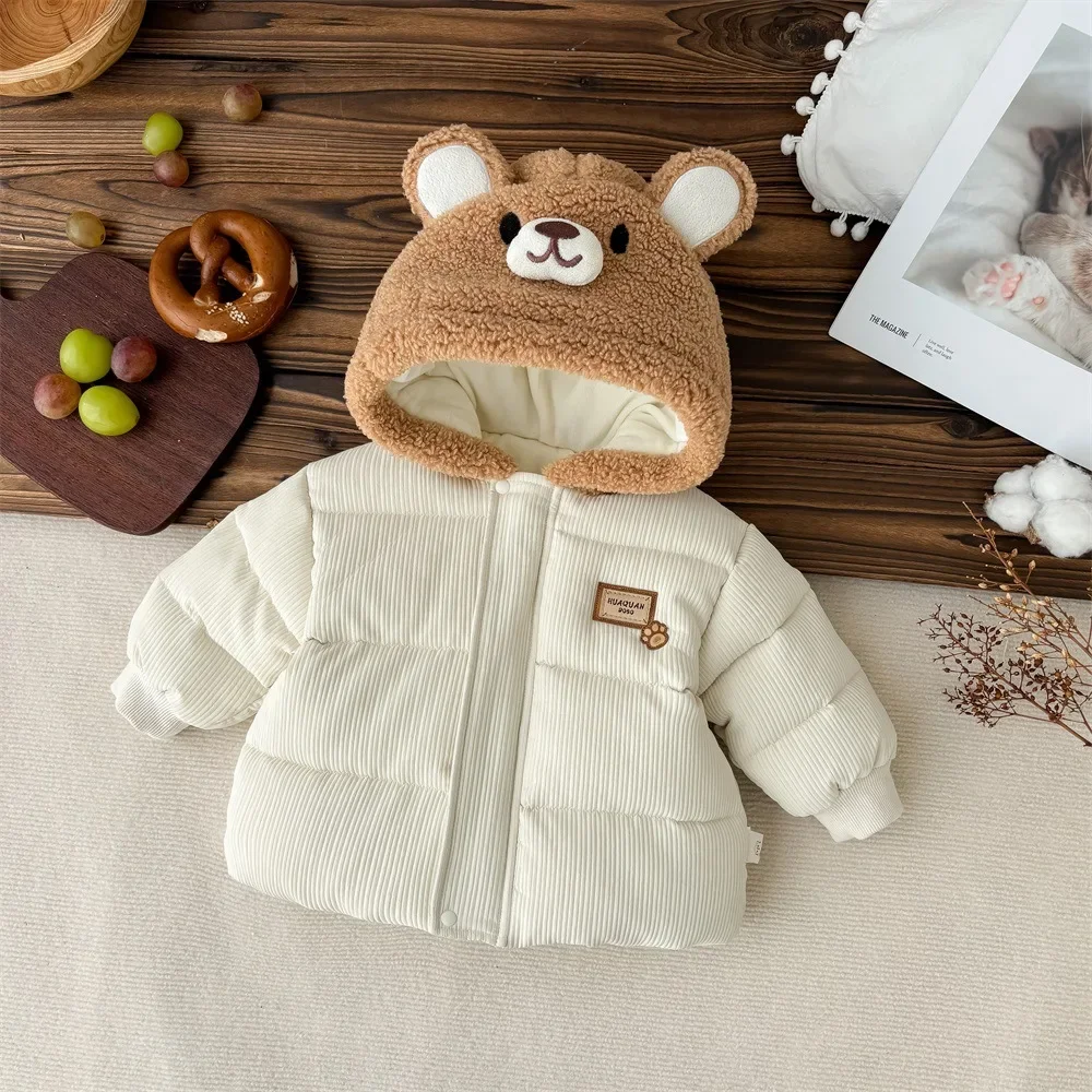 2025 Inverno Nuovo in Bambini Neonati maschi Ragazze Addensare Caldo Orso Cartoon Modellazione Top Outwear, Giacca con cappuccio carina per bambini 2