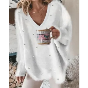 Maglione da donna 2025 Autunno Pullover lavorato a maglia a costine con scollo a V Perla a maniche lunghe Soffice Top Maglione allentato da donna 1