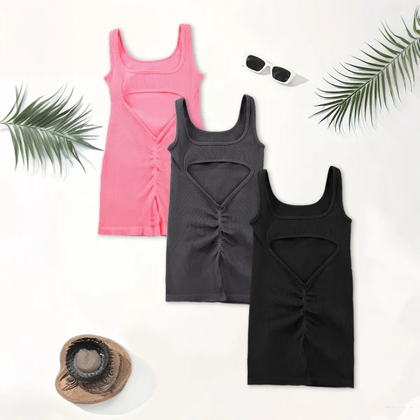 1 pz tuta da yoga senza schienale con scollo a U senza maniche tuta sportiva tinta unita filettatura elasticizzata tuta da donna senza protezioni per il busto 6