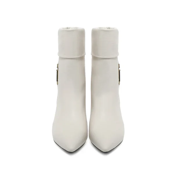 2025 Stivali lunghi di marca con tacco alto da donna Stivali corti di pelle bovina a punta di lusso Decorazione in metallo Stivali elastici moda donna35-43 4