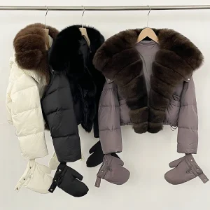OFTBUY Nuovo Inverno Top Vestiti Delle Donne Breve Con Cappuccio Grande Vera Pelliccia di Volpe Imbottiture Cappotto Femminile di Pelliccia Naturale Soffice Piumino con Guanti 1