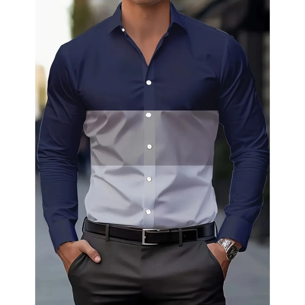 Camicie eleganti da uomo con design a bavero con giunture a colori nuove primaverili Camicie casual con bottoni a maniche lunghe Top da tiro da strada da uomo semplice 2