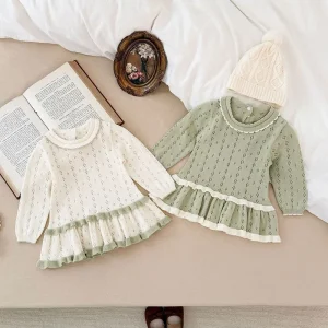 2025 Nuovo Autunno 0-4 Anni Abbigliamento per bambini Neonate Tinta unita Pullover lavorato a maglia Maglioni Bambini Manica lunga Scava Fuori Maglione 1