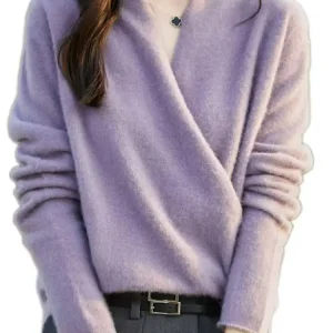 Maglione di lana da donna Pullover con scollo a V incrociato Autunno Inverno Office Lady Maglieria di lana merino al 100% Caldo stile delicato Top morbido in cashmere 1
